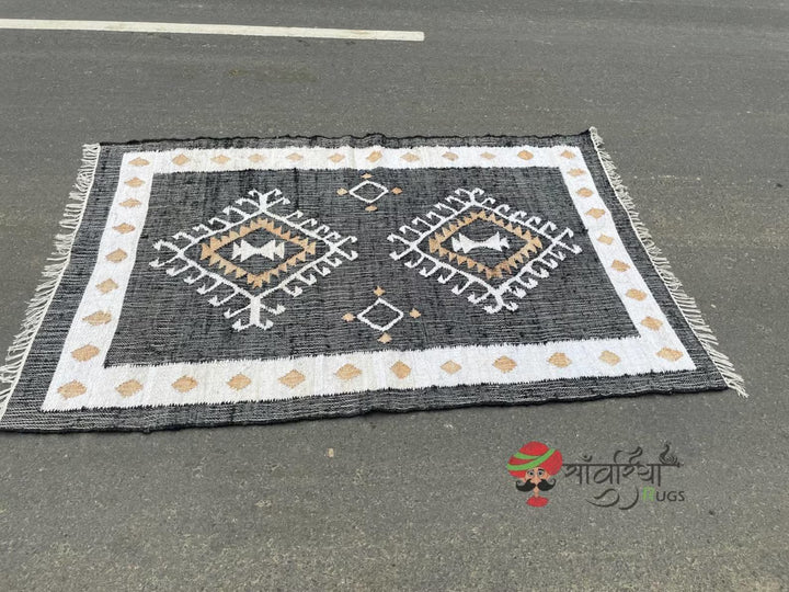 Handmade Jute Cotton Rug – Black & White Geometric Boho Area Rug for Living Room, Bedroom & Entryway