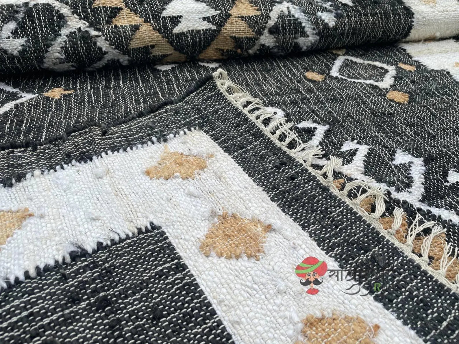 Handmade Jute Cotton Rug – Black & White Geometric Boho Area Rug for Living Room, Bedroom & Entryway