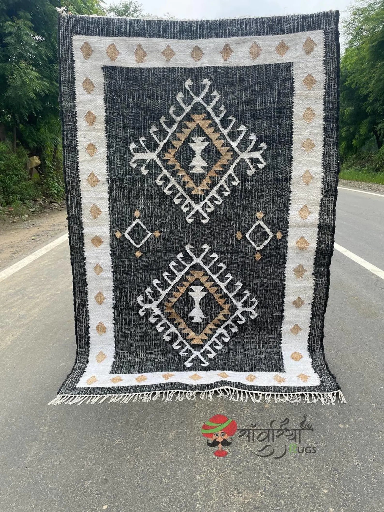 Handmade Jute Cotton Rug – Black & White Geometric Boho Area Rug for Living Room, Bedroom & Entryway