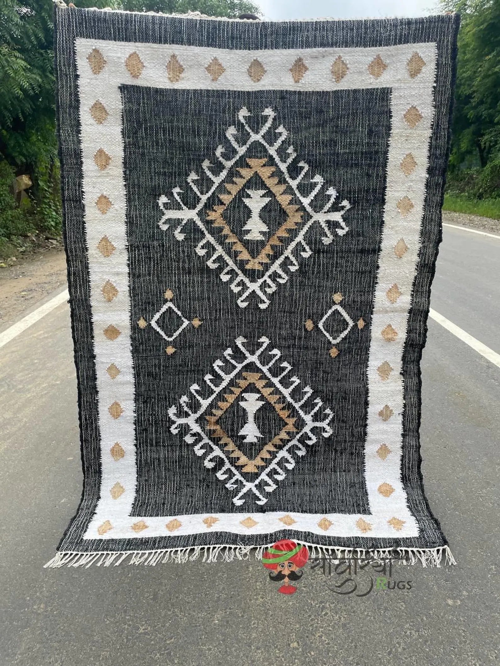 Handmade Jute Cotton Rug – Black & White Geometric Boho Area Rug for Living Room, Bedroom & Entryway