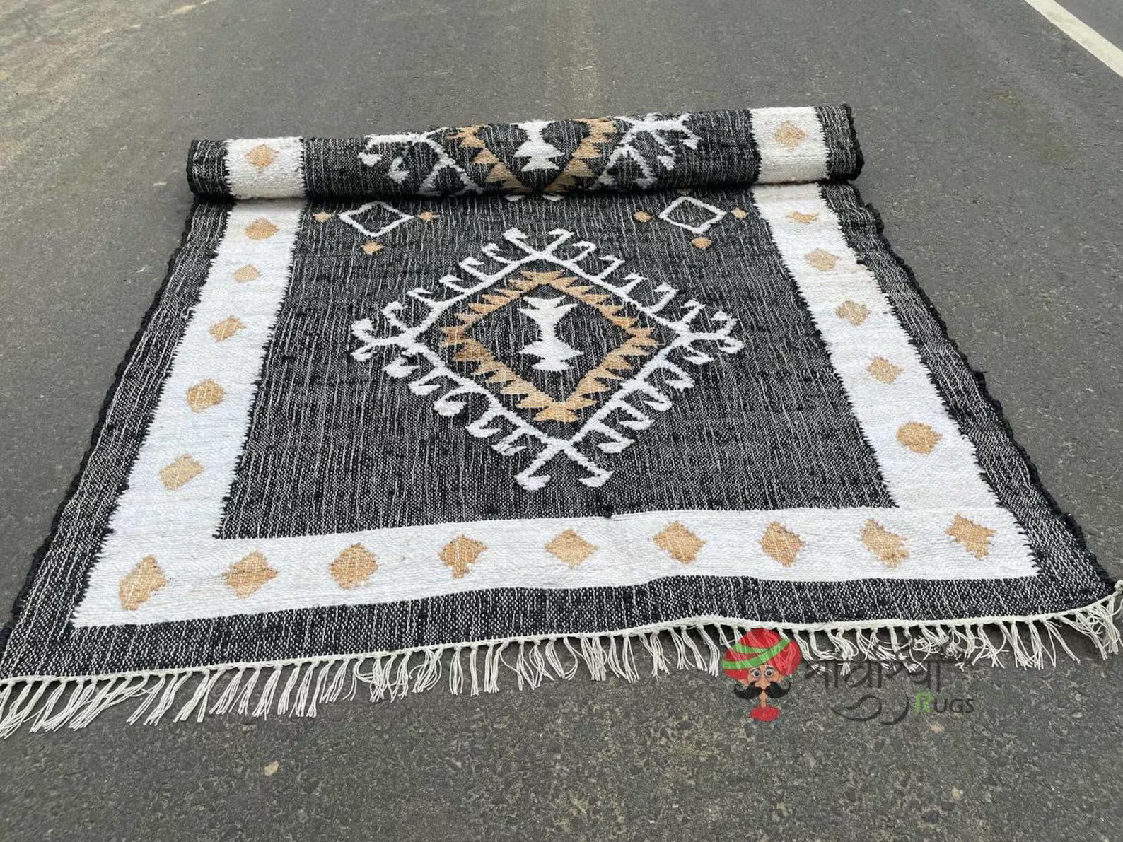 Handmade Jute Cotton Rug – Black & White Geometric Boho Area Rug for Living Room, Bedroom & Entryway