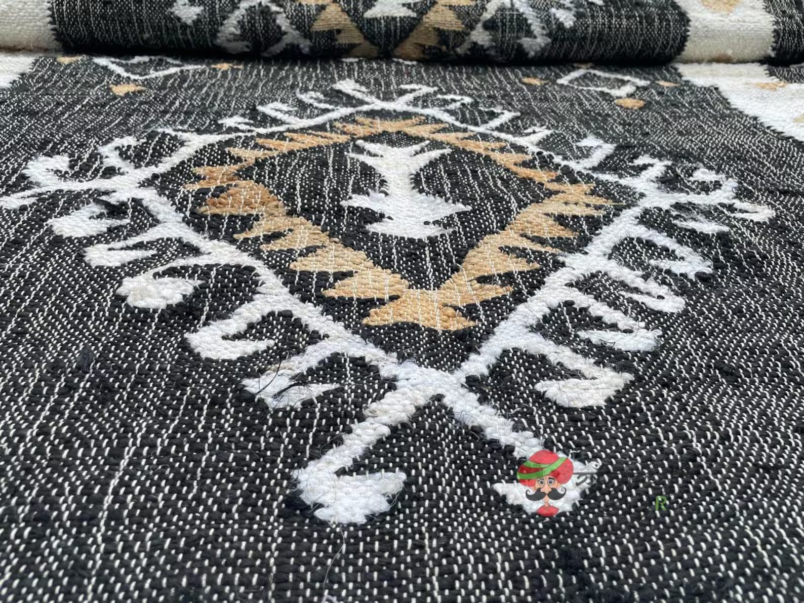 Handmade Jute Cotton Rug – Black & White Geometric Boho Area Rug for Living Room, Bedroom & Entryway