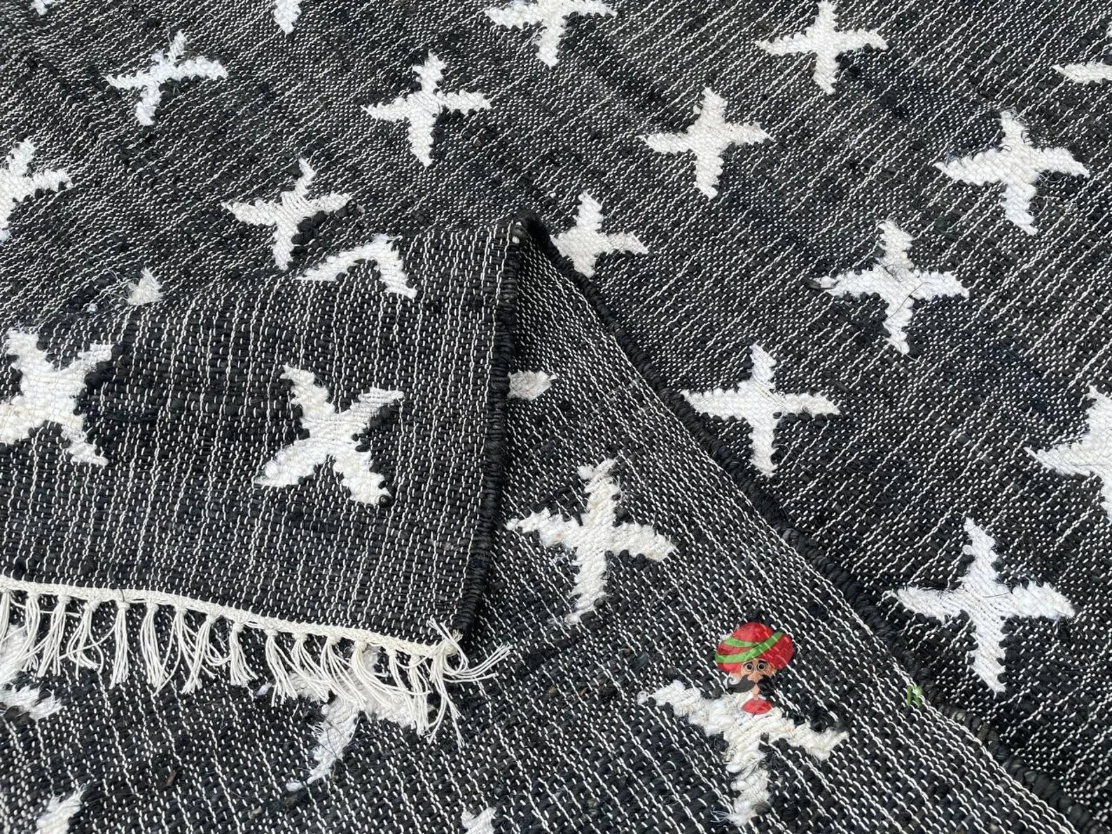 Handmade Jute Cotton Rug | Bohemian Natural Area Rug | Geometric Black & White Cross Pattern for Living Room, Bedroom & Entryway | Sanwariya Rugs