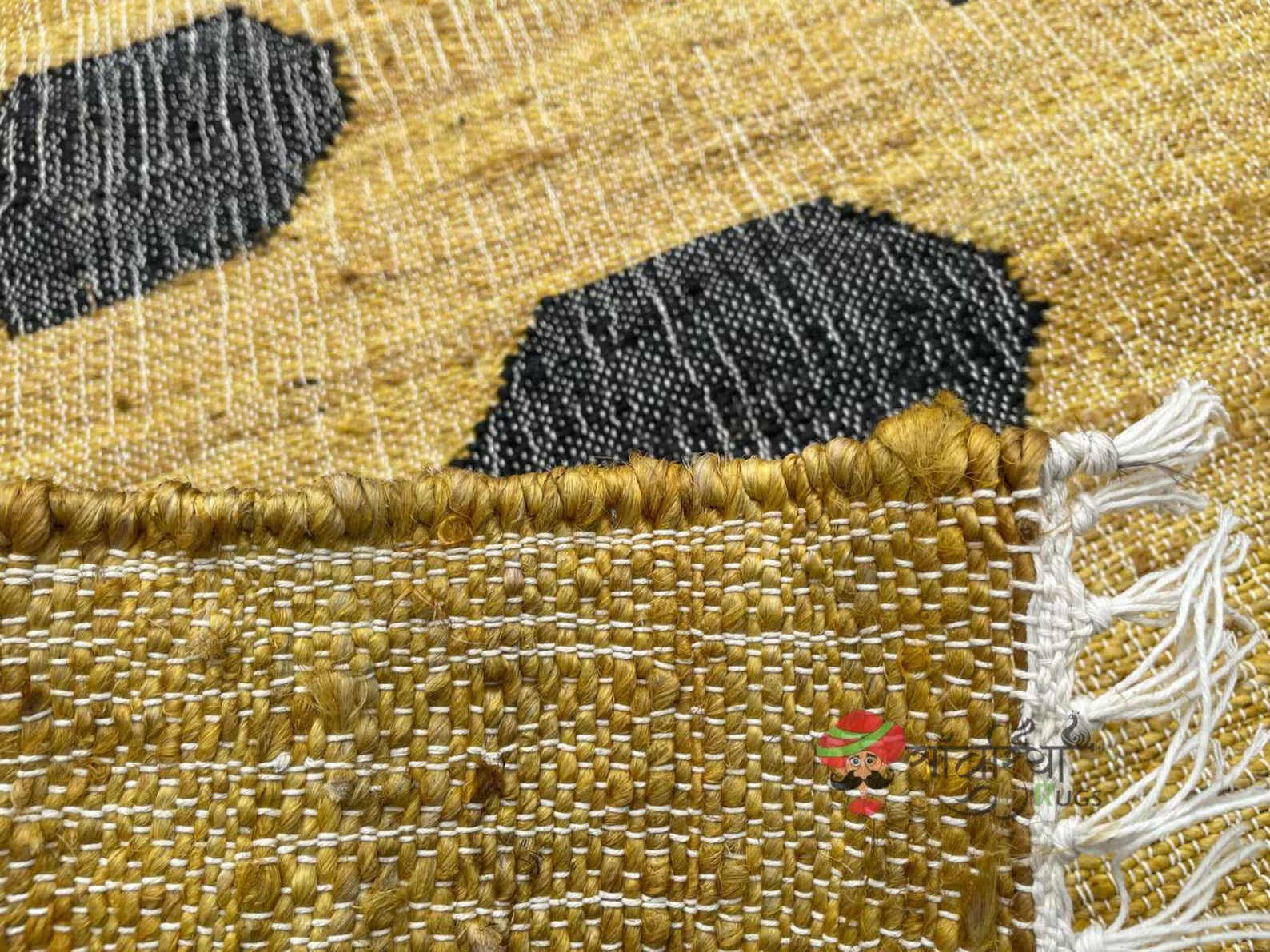 Handmade Yellow & Black Jute Cotton Rug | Bohemian Natural Rug for Bedroom | Handwoven Eco-Friendly Geometric Rug