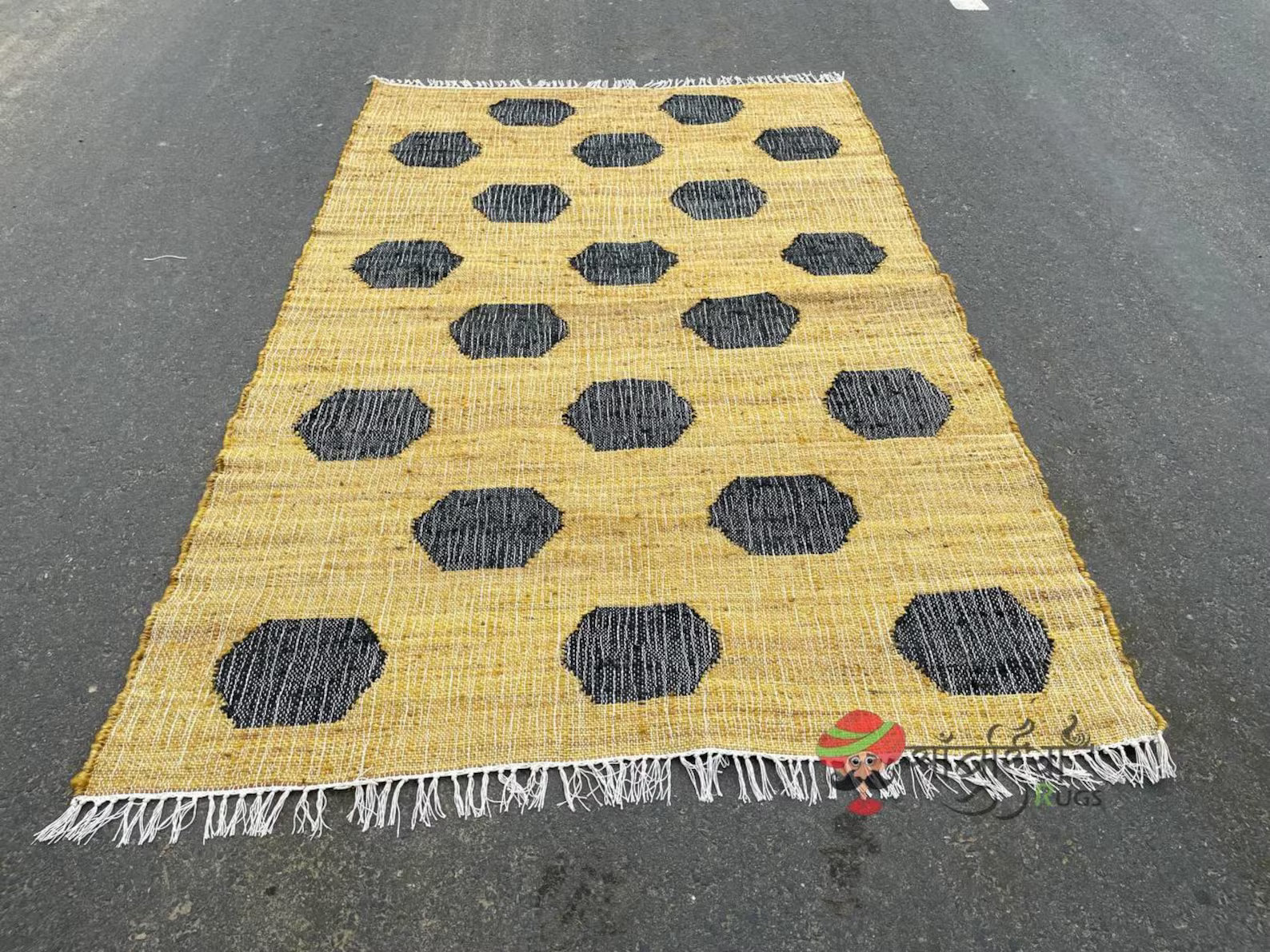 Handmade Yellow & Black Jute Cotton Rug | Bohemian Natural Rug for Bedroom | Handwoven Eco-Friendly Geometric Rug