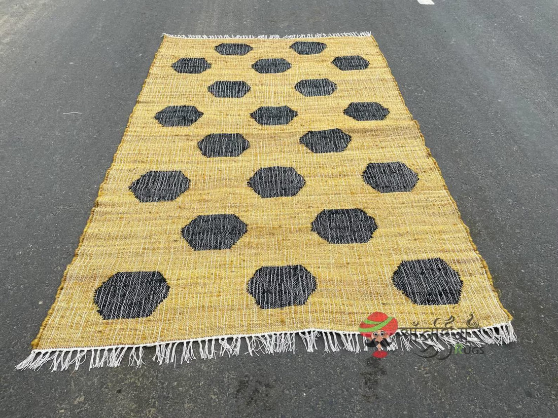 Handmade Yellow & Black Jute Cotton Rug | Bohemian Natural Rug for Bedroom | Handwoven Eco-Friendly Geometric Rug