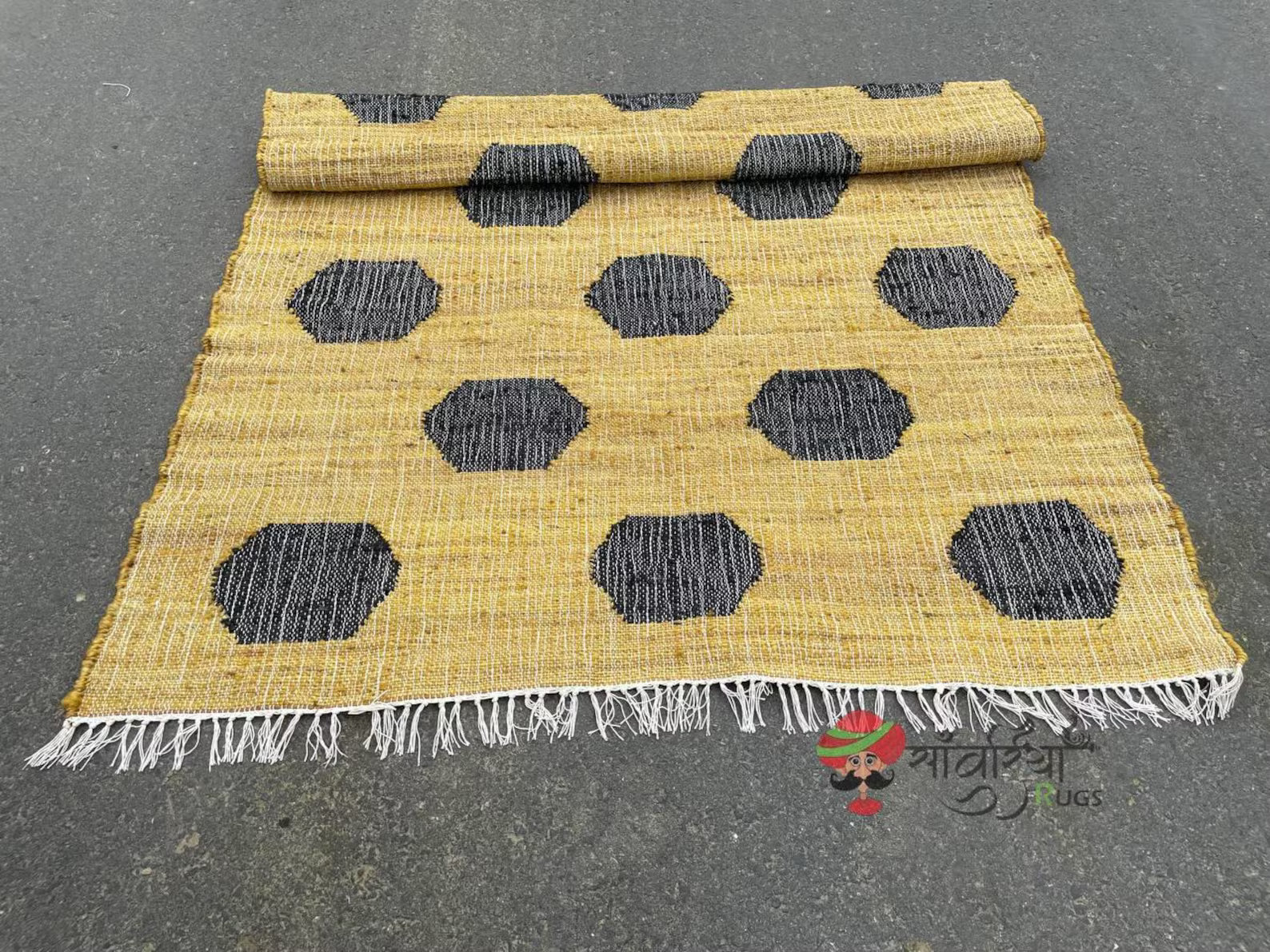 Handmade Yellow & Black Jute Cotton Rug | Bohemian Natural Rug for Bedroom | Handwoven Eco-Friendly Geometric Rug