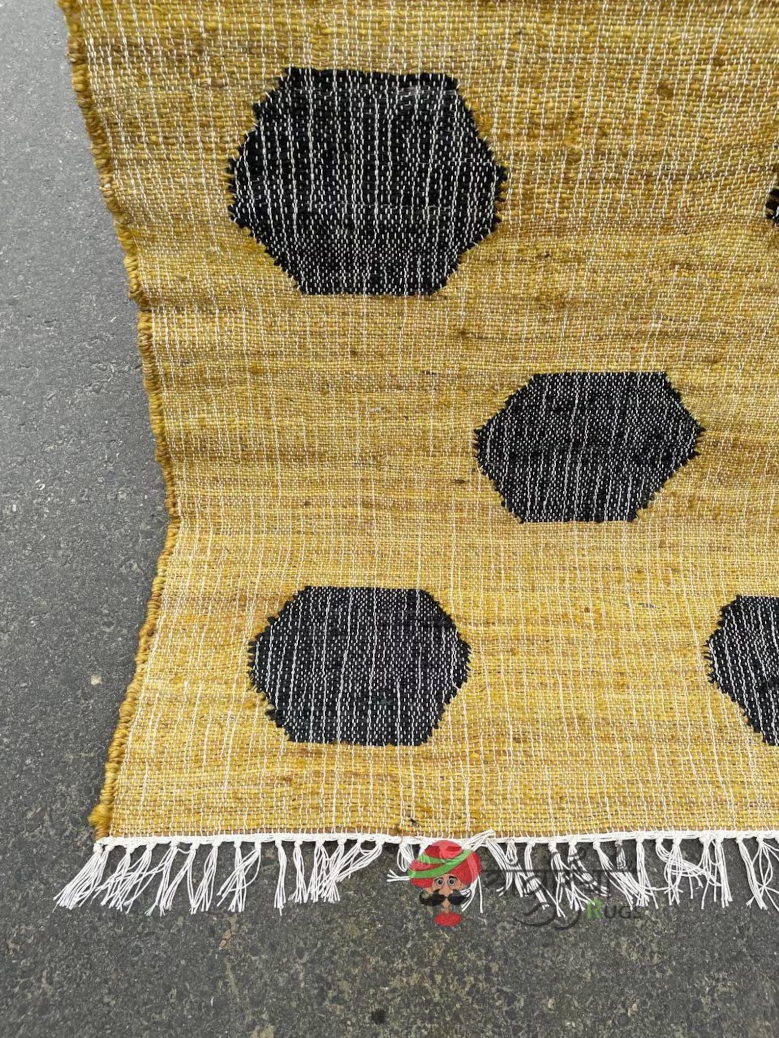 Handmade Yellow & Black Jute Cotton Rug | Bohemian Natural Rug for Bedroom | Handwoven Eco-Friendly Geometric Rug
