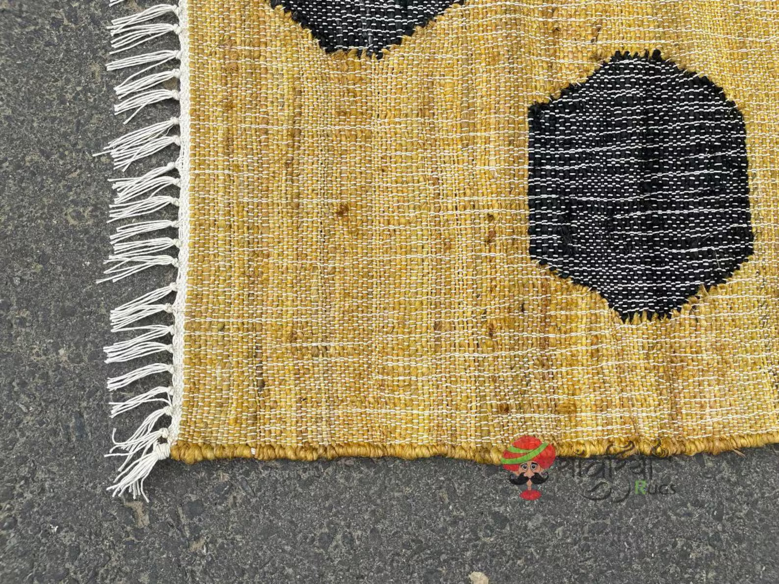 Handmade Yellow & Black Jute Cotton Rug | Bohemian Natural Rug for Bedroom | Handwoven Eco-Friendly Geometric Rug