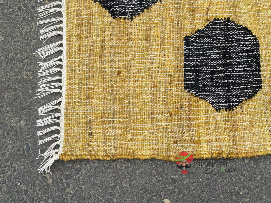 Handmade Yellow & Black Jute Cotton Rug | Bohemian Natural Rug for Bedroom | Handwoven Eco-Friendly Geometric Rug