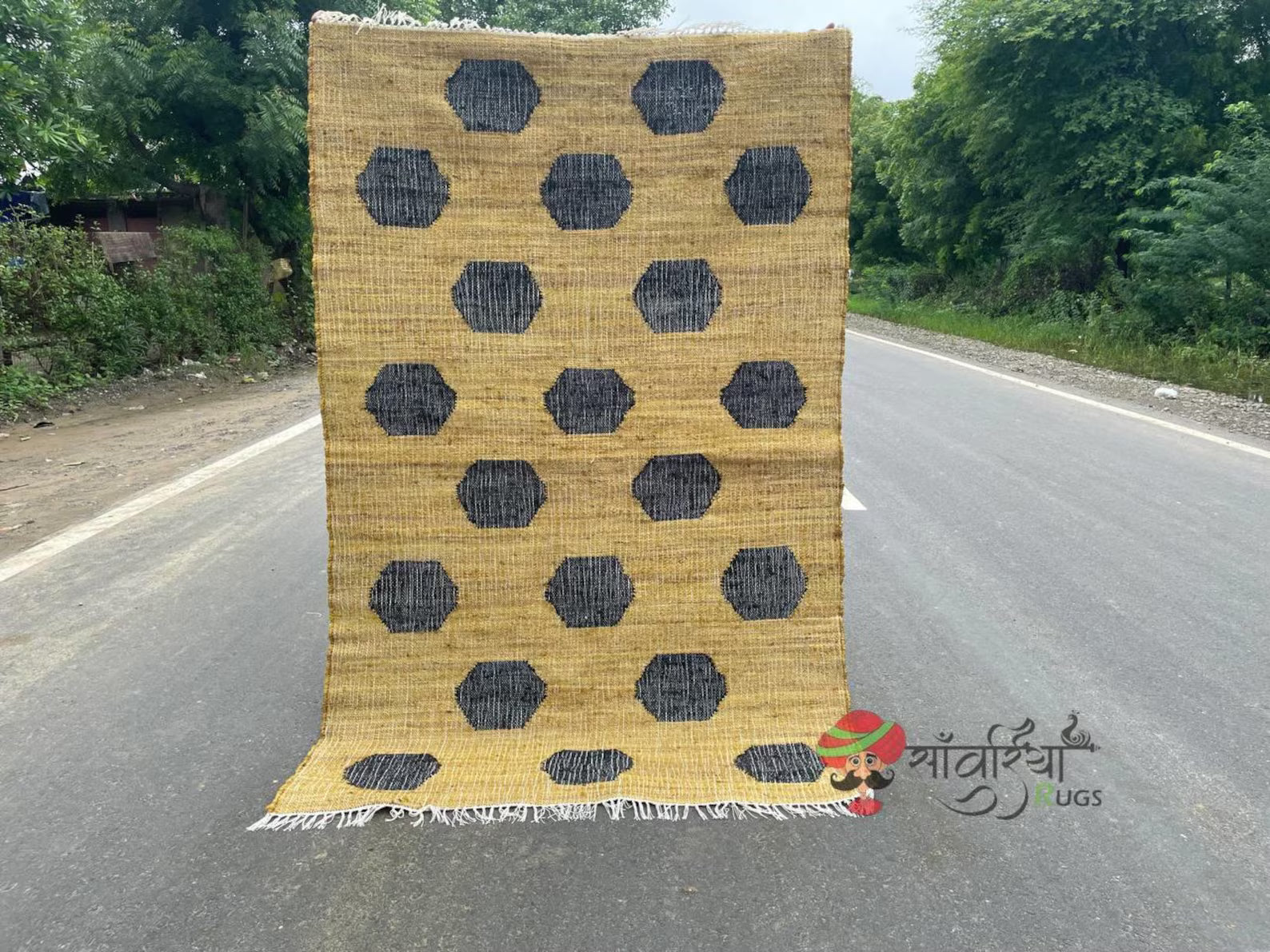 Handmade Yellow & Black Jute Cotton Rug | Bohemian Natural Rug for Bedroom | Handwoven Eco-Friendly Geometric Rug