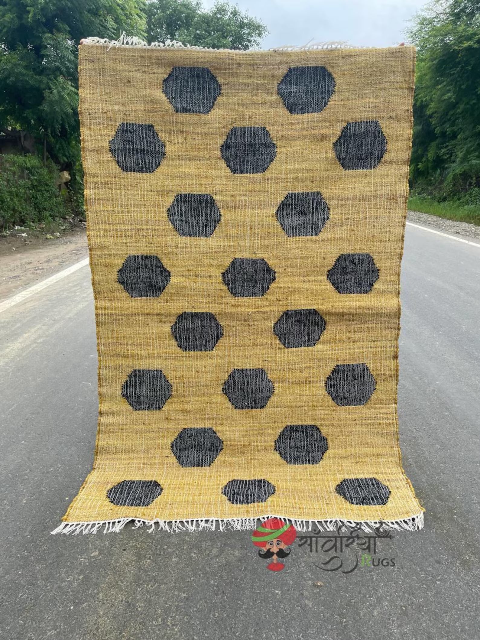 Handmade Yellow & Black Jute Cotton Rug | Bohemian Natural Rug for Bedroom | Handwoven Eco-Friendly Geometric Rug