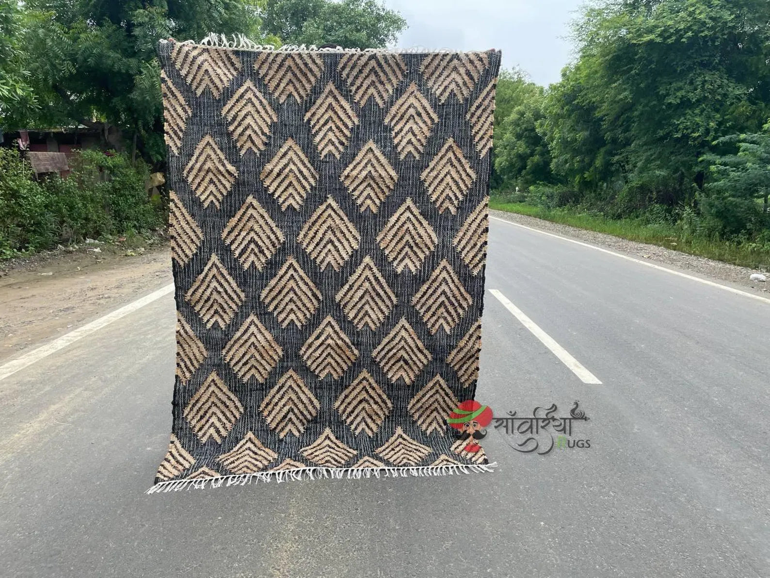 Handmade Black Jute Cotton Rug | Bohemian Natural Area Rug Eco-Friendly Handwoven Geometric Design