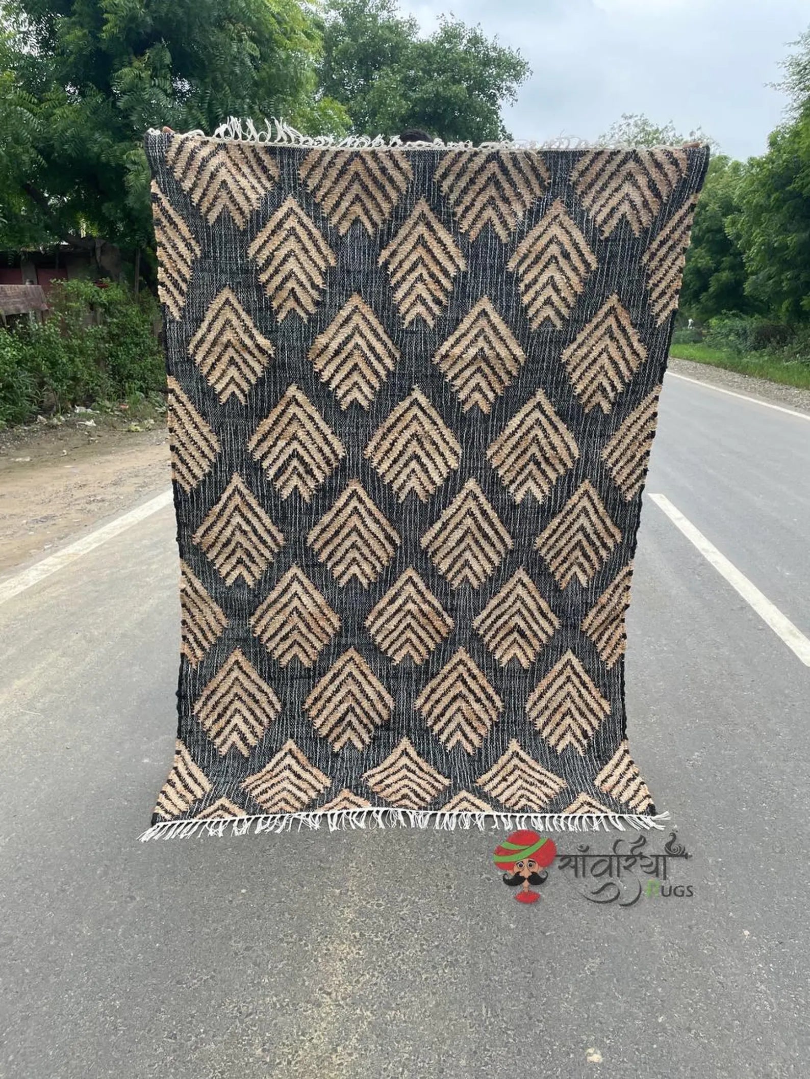 Handmade Black Jute Cotton Rug | Bohemian Natural Area Rug Eco-Friendly Handwoven Geometric Design