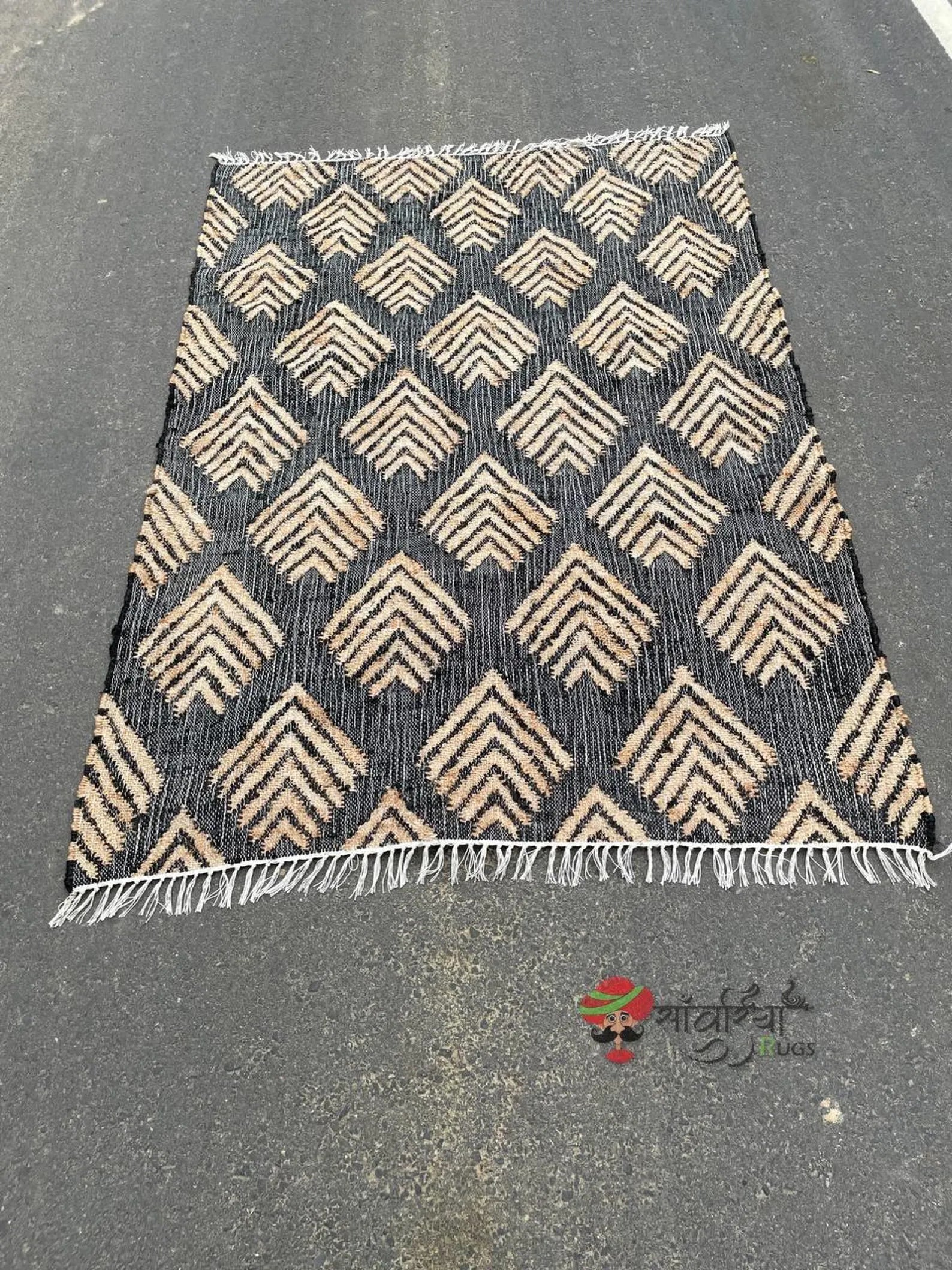 Handmade Black Jute Cotton Rug | Bohemian Natural Area Rug Eco-Friendly Handwoven Geometric Design