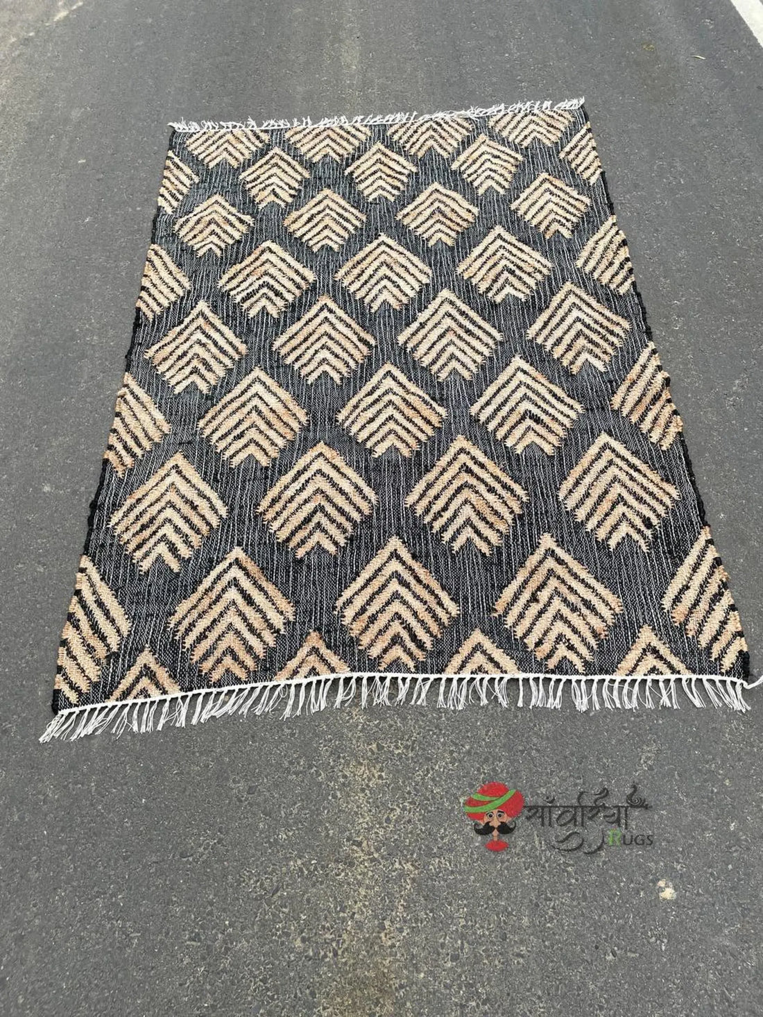 Handmade Black Jute Cotton Rug | Bohemian Natural Area Rug Eco-Friendly Handwoven Geometric Design
