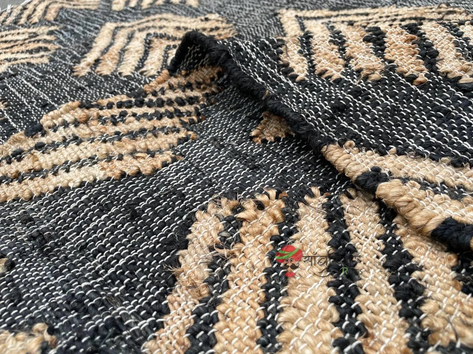 Handmade Black Jute Cotton Rug | Bohemian Natural Area Rug Eco-Friendly Handwoven Geometric Design