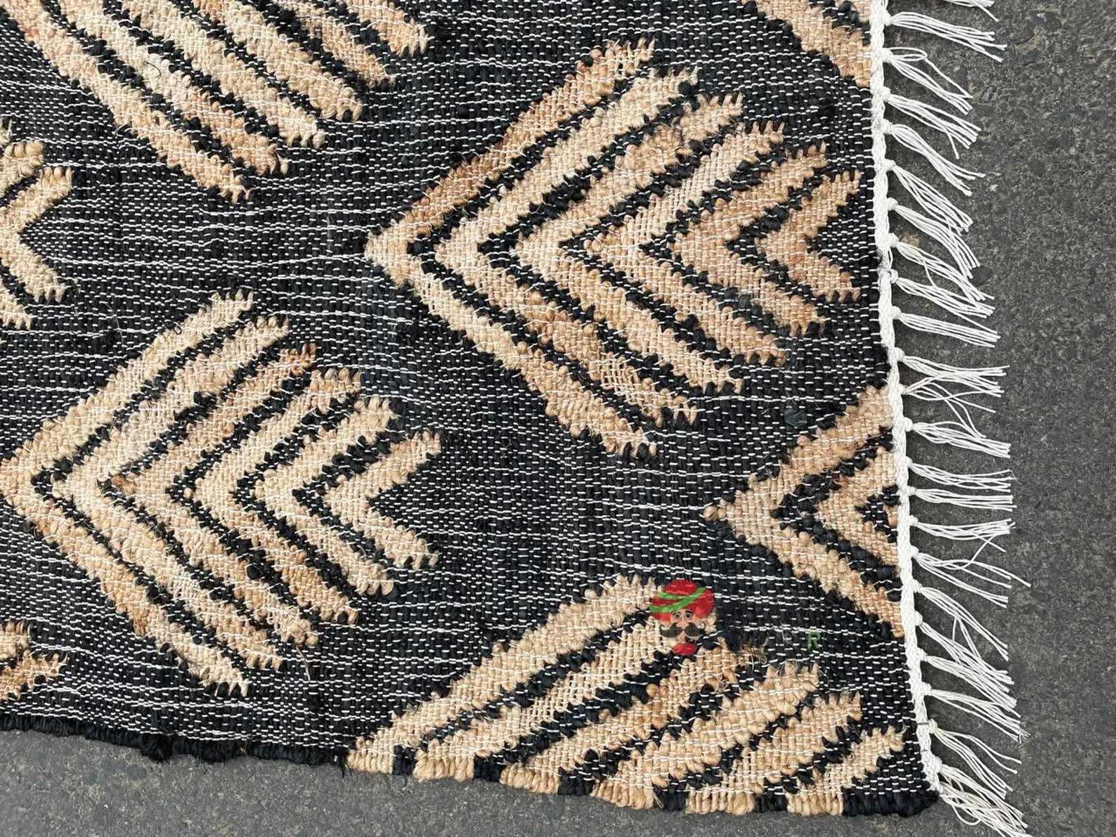 Handmade Black Jute Cotton Rug | Bohemian Natural Area Rug Eco-Friendly Handwoven Geometric Design