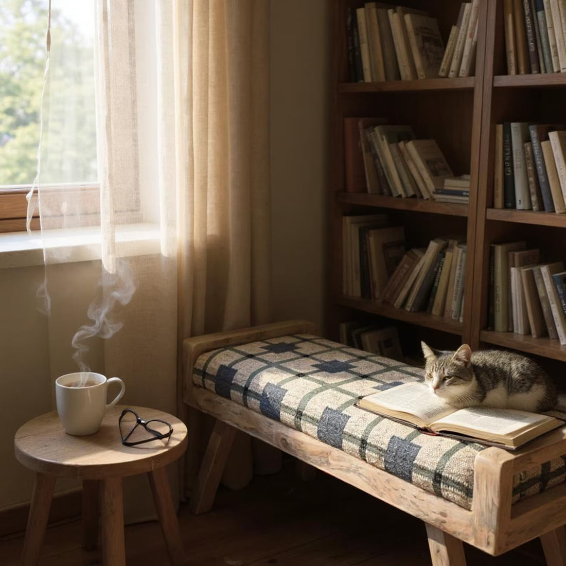 Wooden Folding Kilim Rug Bench – Handmade Green Boho Entryway Ottoman