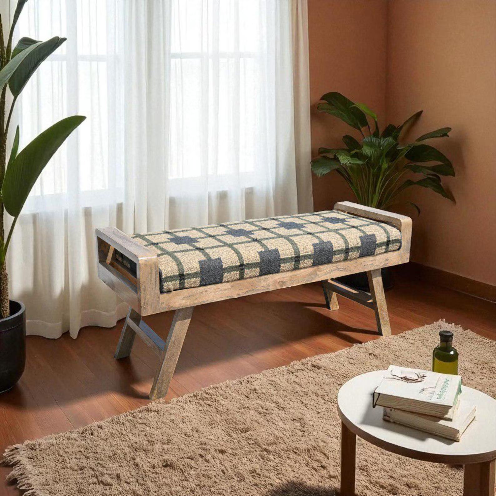 Wooden Folding Kilim Rug Bench – Handmade Green Boho Entryway Ottoman