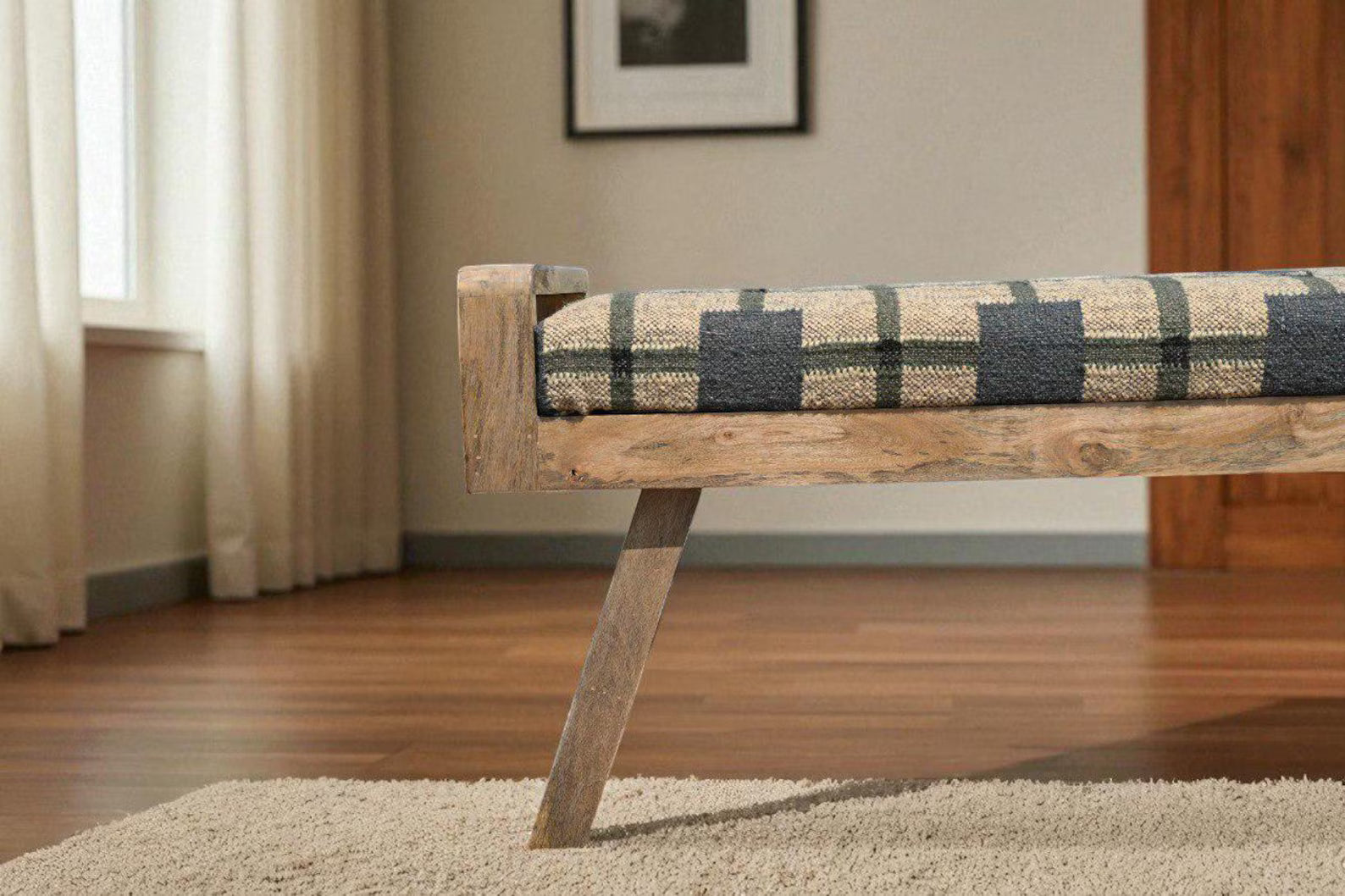 Wooden Folding Kilim Rug Bench – Handmade Green Boho Entryway Ottoman