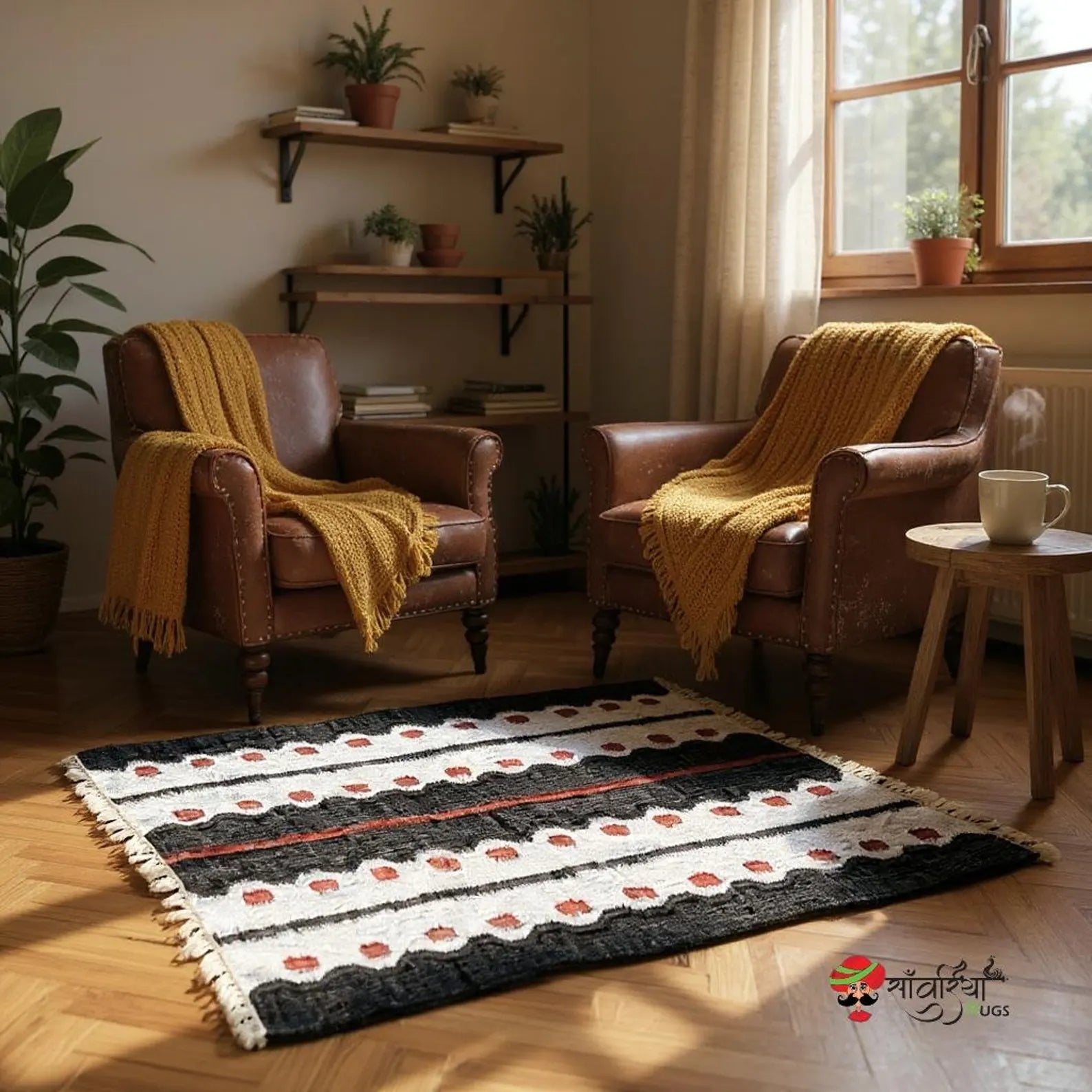 Handmade Jute Cotton Rug – Bohemian Black Geometric Area Rug
