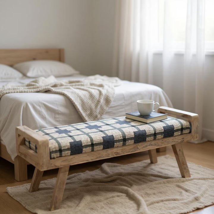 Wooden Folding Kilim Rug Bench – Handmade Green Boho Entryway Ottoman