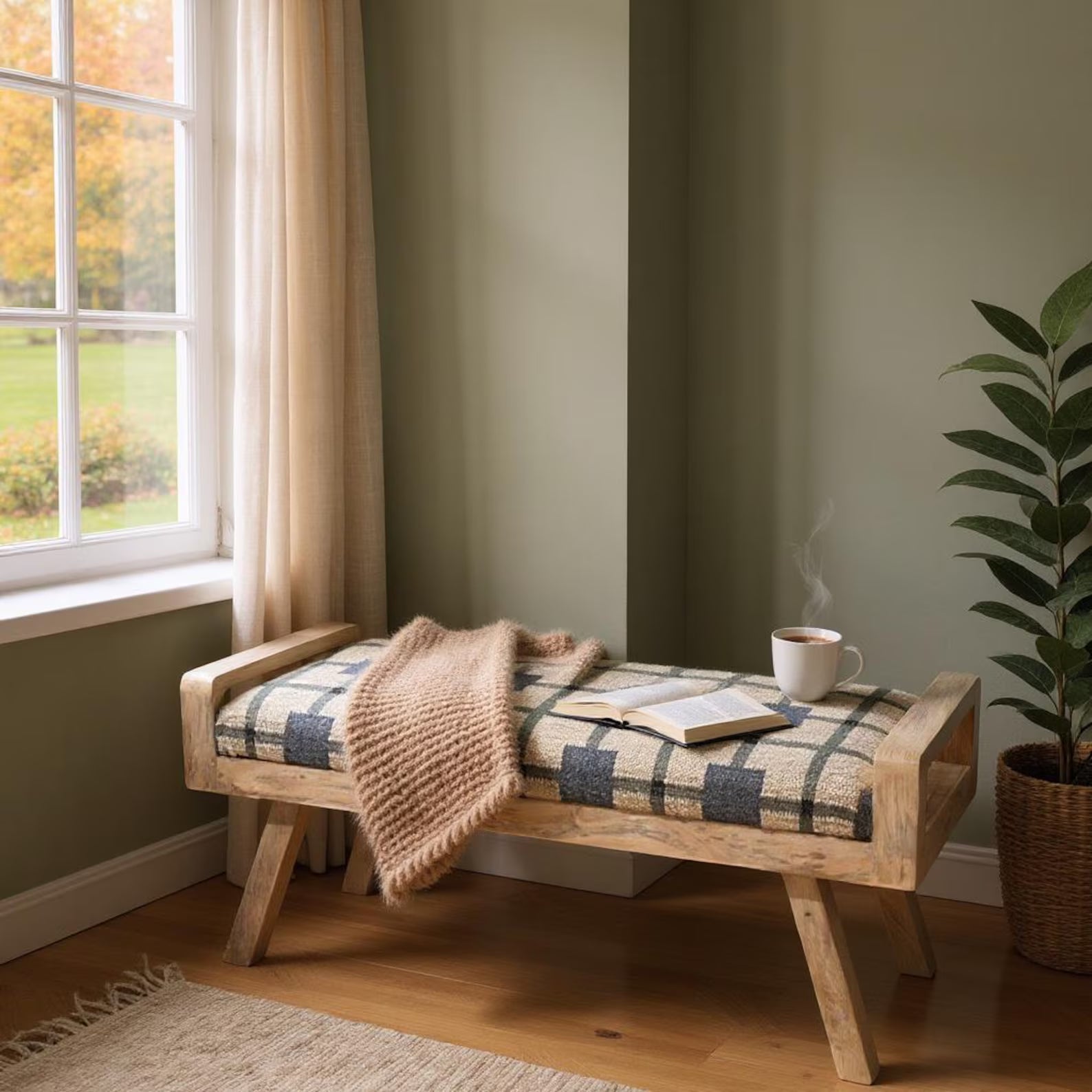 Wooden Folding Kilim Rug Bench – Handmade Green Boho Entryway Ottoman