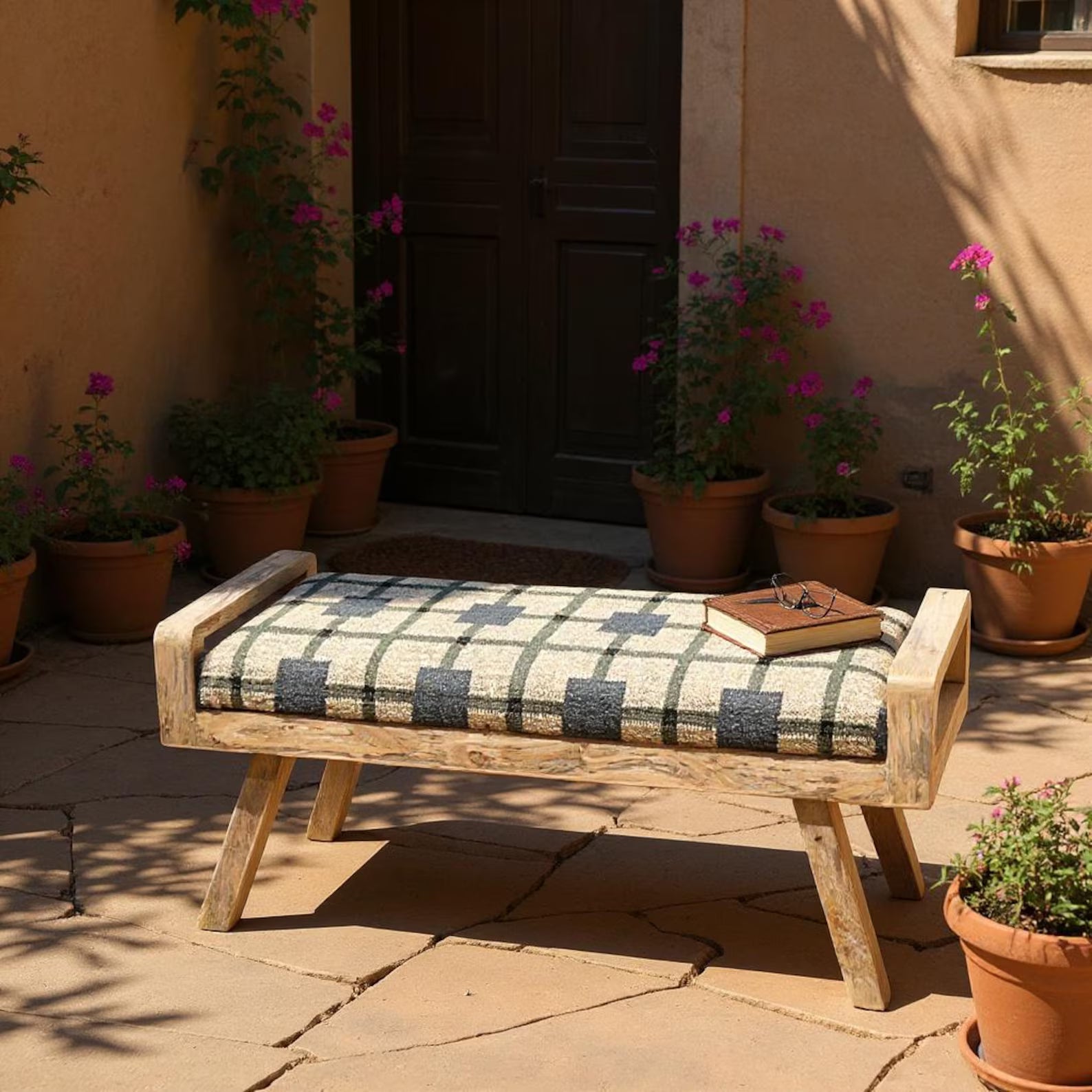 Wooden Folding Kilim Rug Bench – Handmade Green Boho Entryway Ottoman