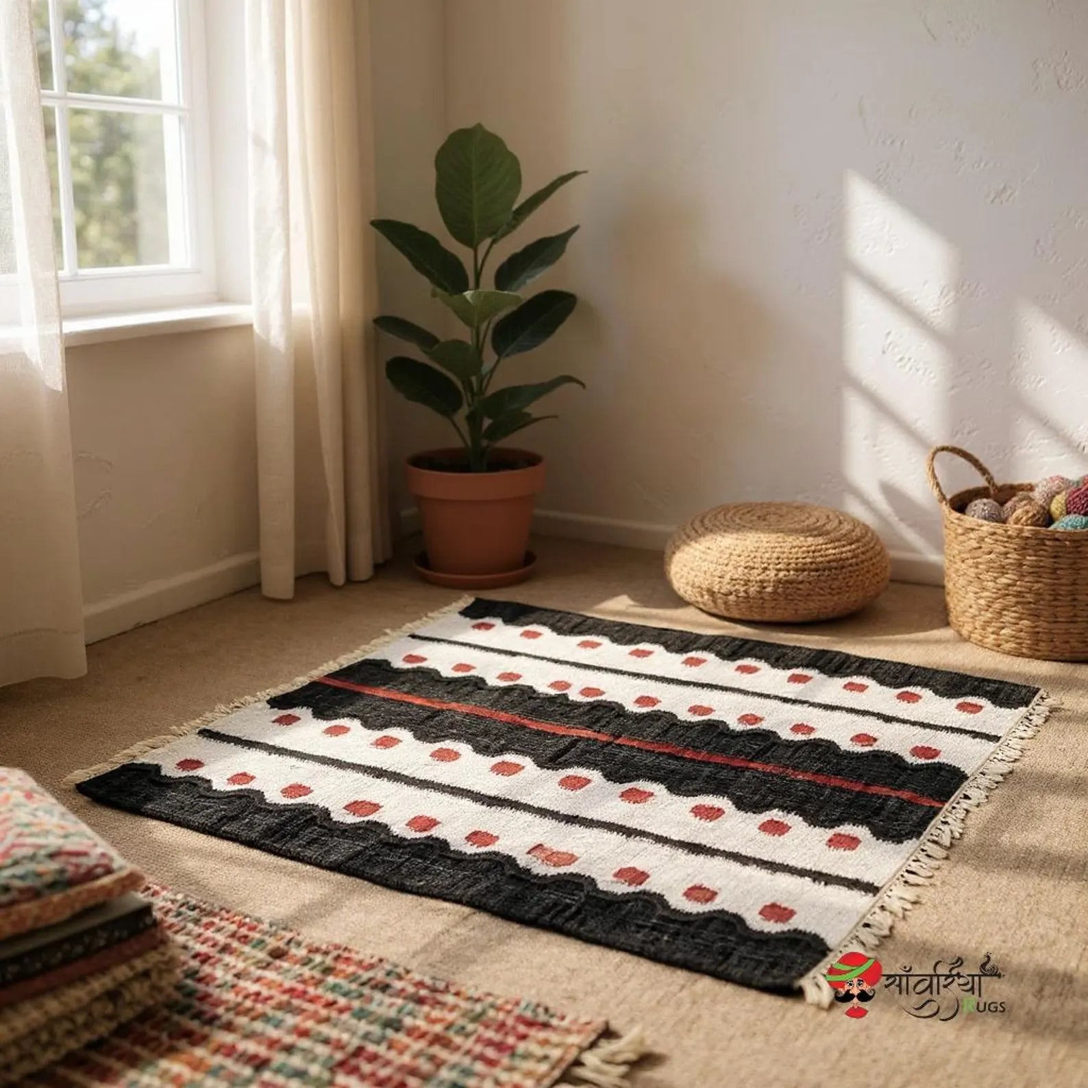 Handmade Jute Cotton Rug – Bohemian Black Geometric Area Rug