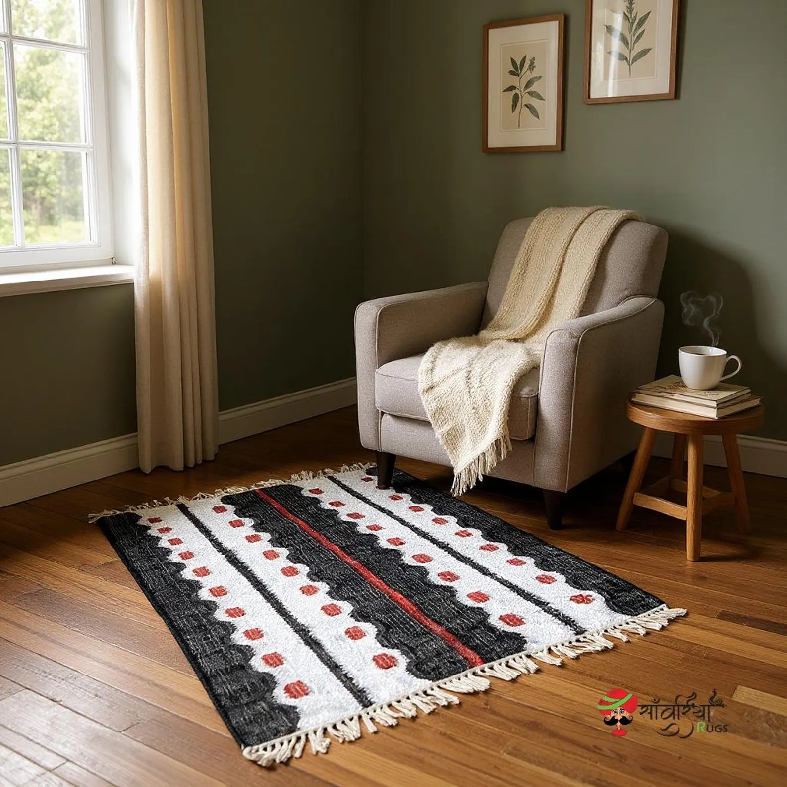 Handmade Jute Cotton Rug – Bohemian Black Geometric Area Rug