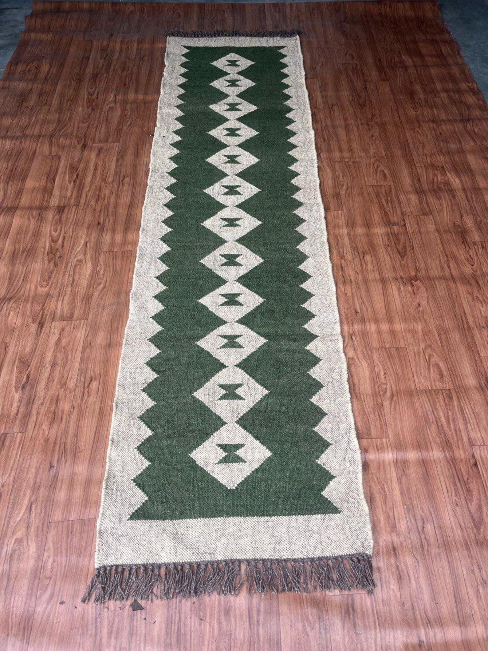 Handwoven Wool Jute Kilim Long Runner with Vintage Tribal Geometric Patterns