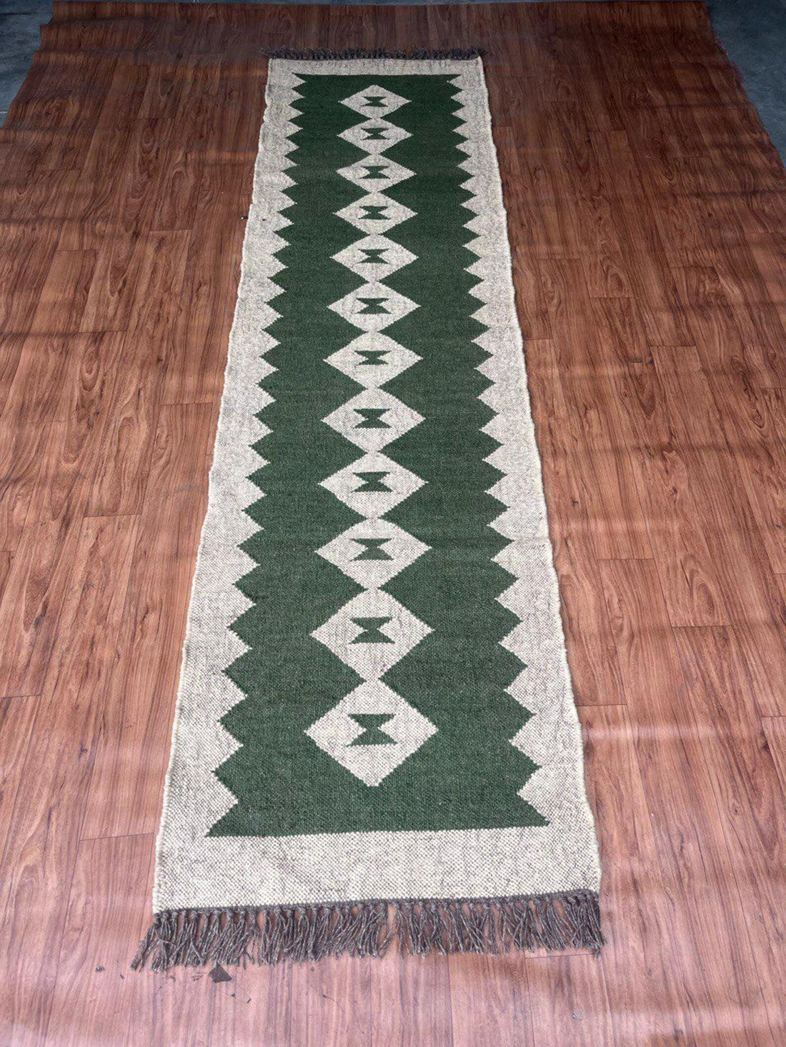 Handwoven Wool Jute Kilim Long Runner with Vintage Tribal Geometric Patterns