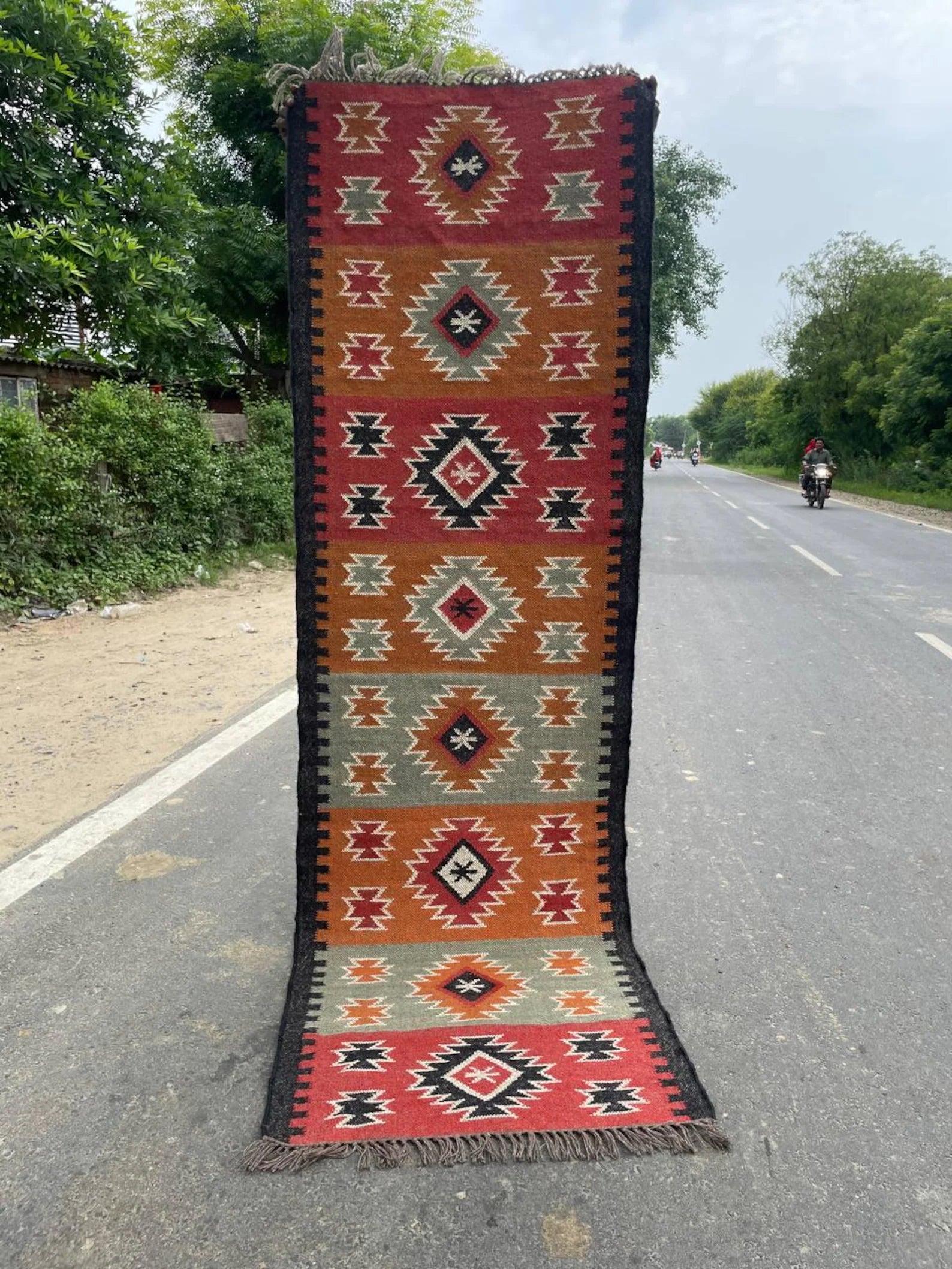 Handwoven Wool Jute Kilim Runner Geometric Dhurrie Rug