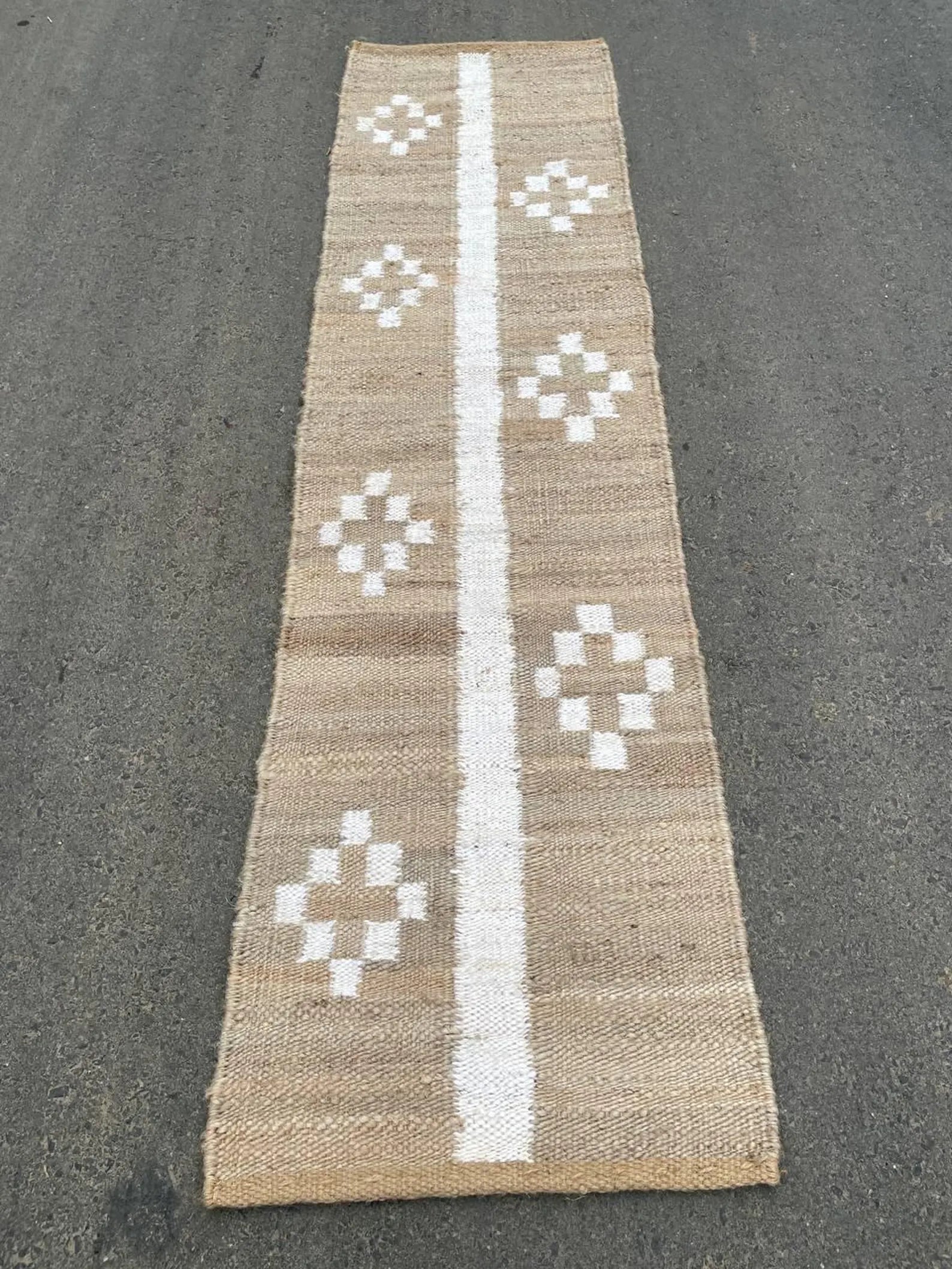 Handmade Natural & Off-White Jute Runner Rug for Rustic Hallways