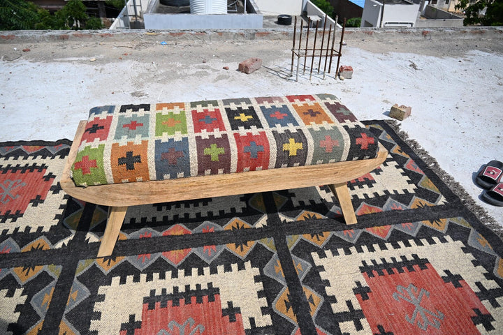 Wooden Folding Legs Kilim Rug Bench – Handmade Boho Ottoman
