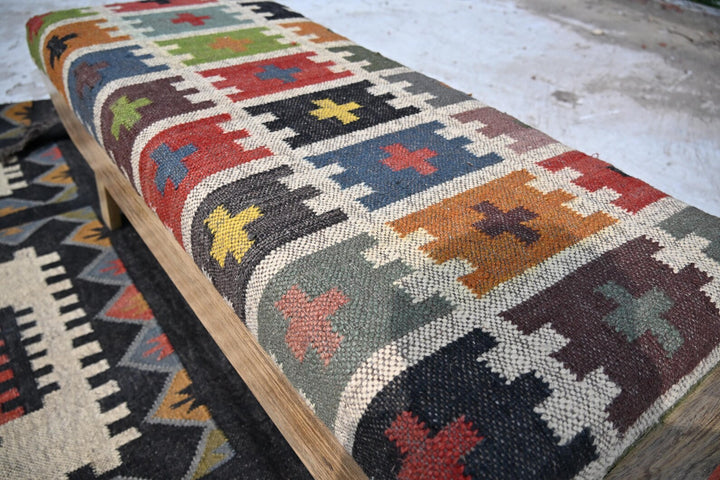 Wooden Folding Legs Kilim Rug Bench – Handmade Boho Ottoman