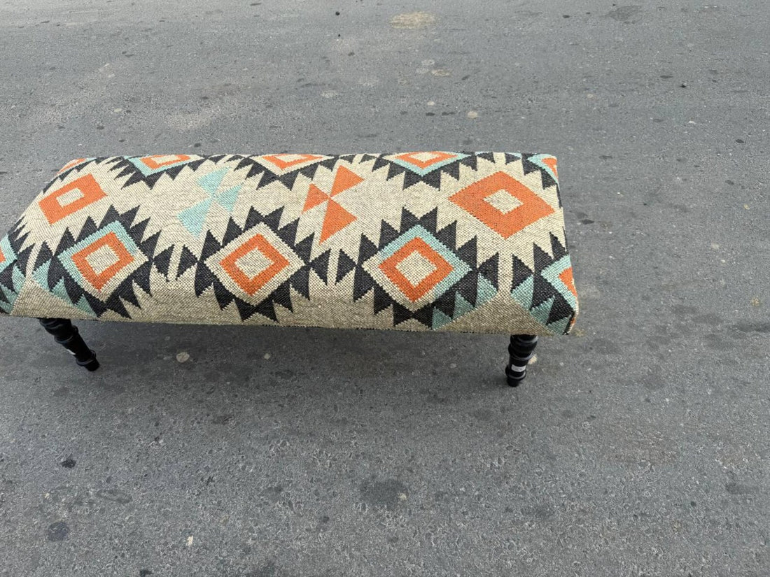 Handmade Kilim Entryway Bench – Wool Jute Upholstered Wooden Seat