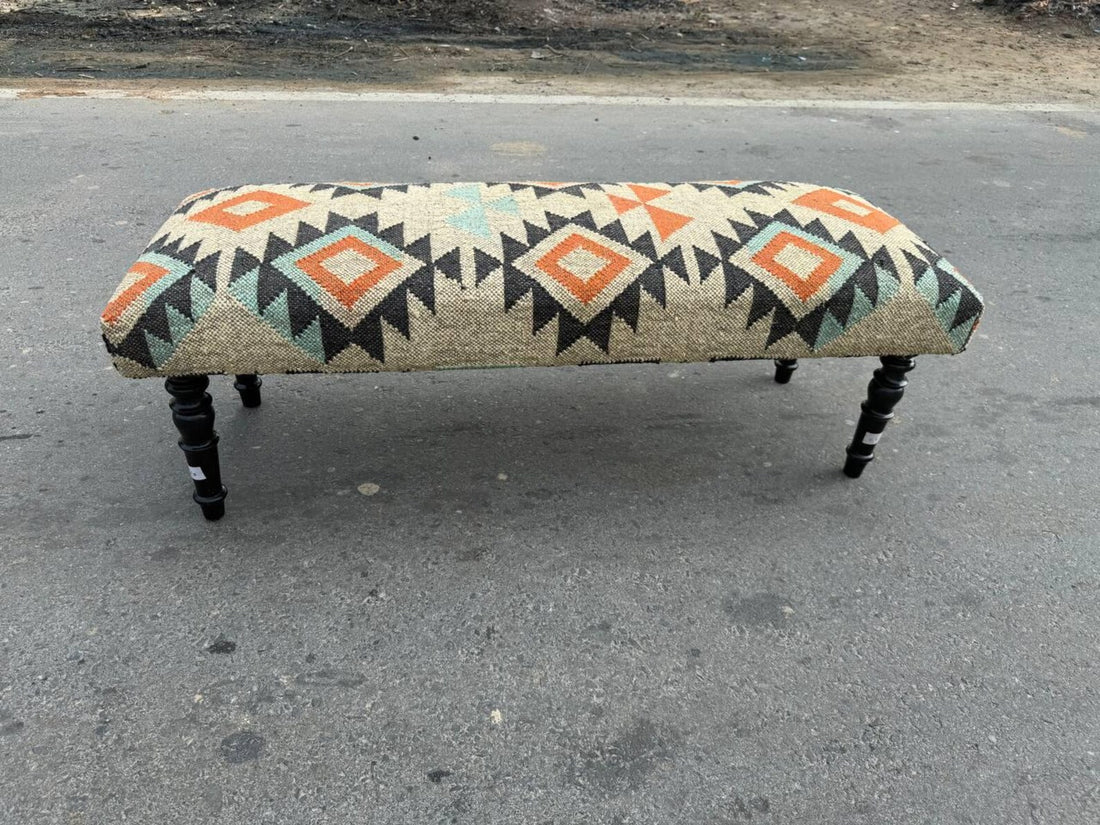 Handmade Kilim Entryway Bench – Wool Jute Upholstered Wooden Seat