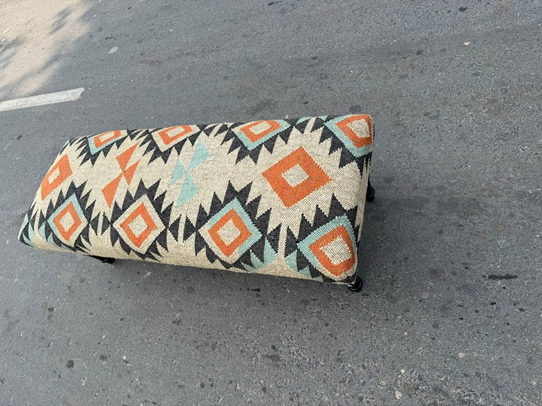 Handmade Kilim Entryway Bench – Wool Jute Upholstered Wooden Seat