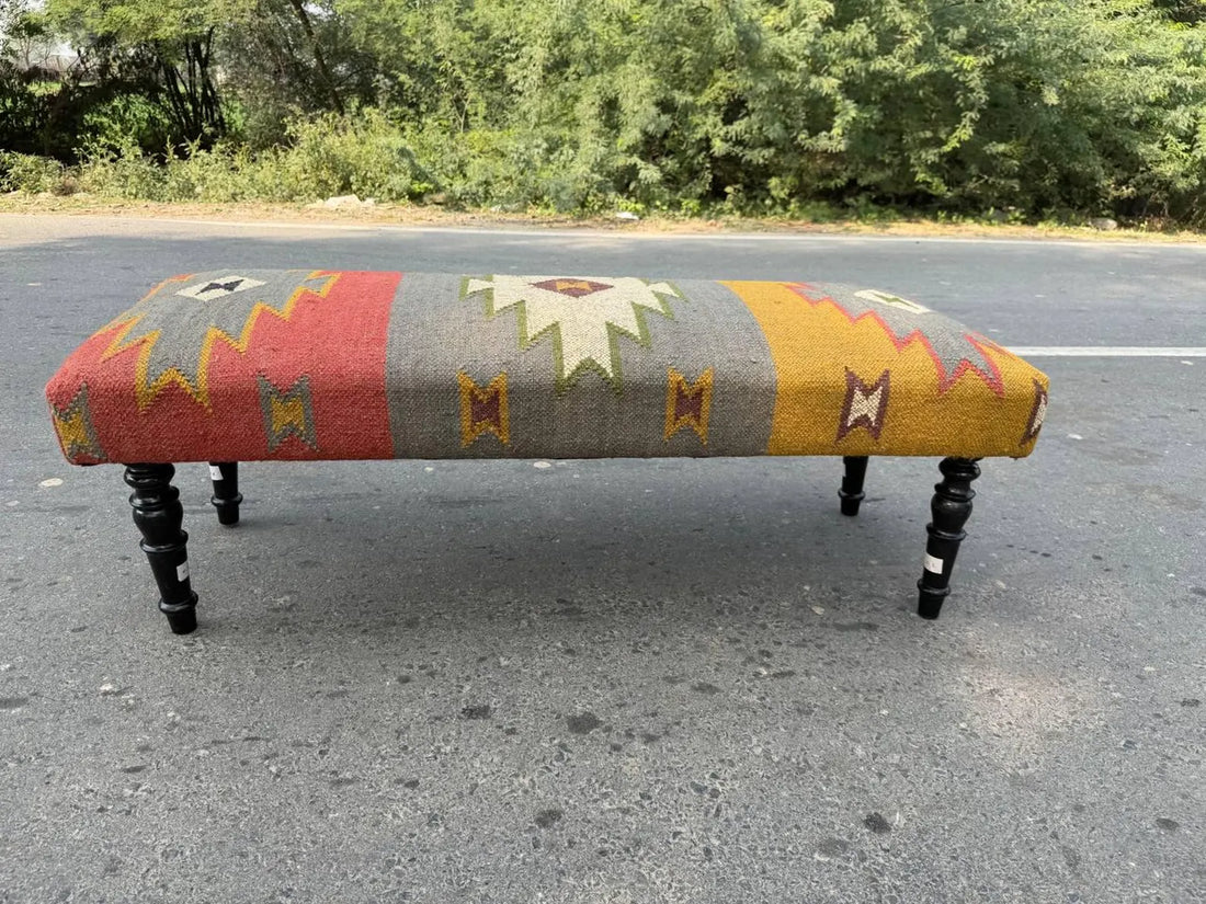 Handmade Wool Jute Kilim Rug Bench – Wooden Upholstered Ottoman in Turkish Vintage Style