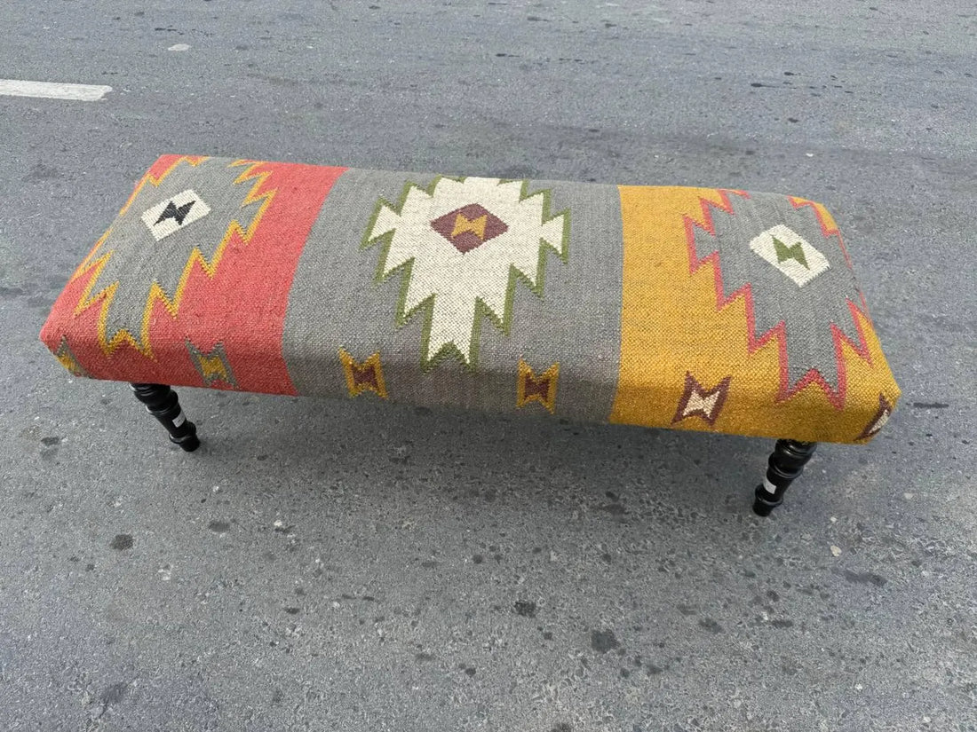Handmade Wool Jute Kilim Rug Bench – Wooden Upholstered Ottoman in Turkish Vintage Style
