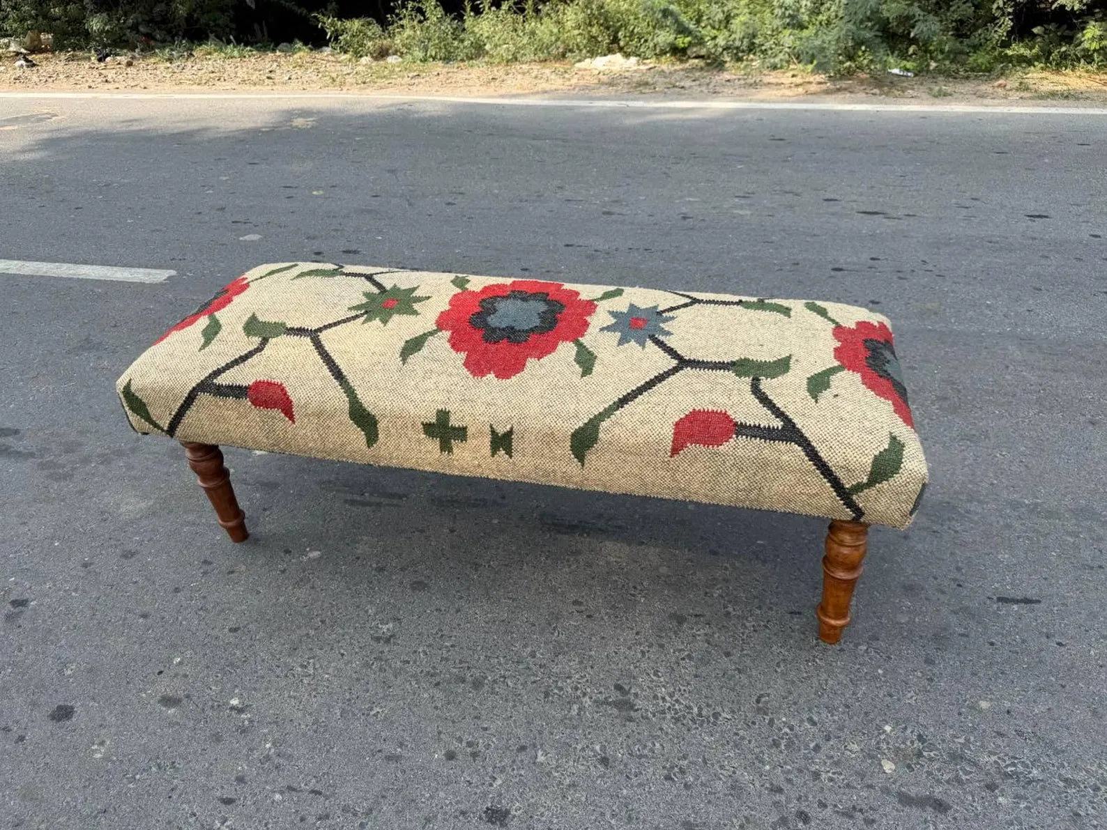 Kilim Flower Pattern Wooden Wool Jute Ottoman Bench – Handmade Vintage Entryway Furniture