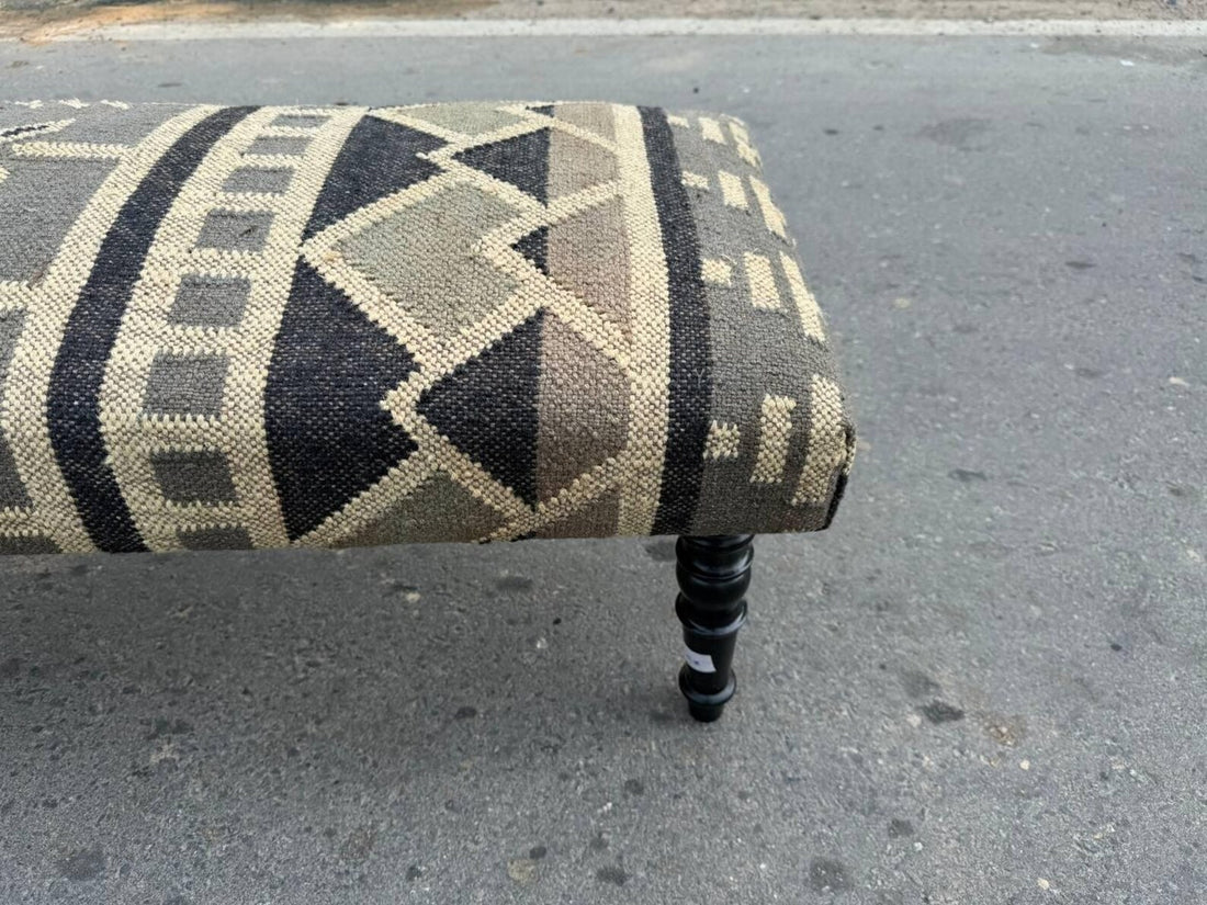 Kilim Bench – Handmade Wool Jute Ottoman with Wooden Frame