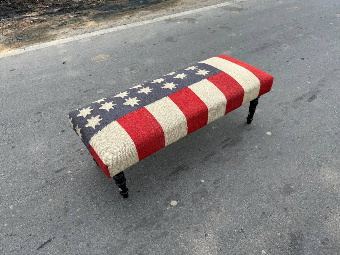 Kilim Wooden Wool Jute Ottoman Bench – Handmade Vintage Star Pattern Seating