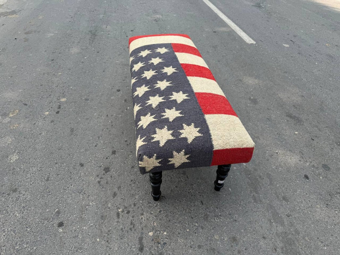 Kilim Wooden Wool Jute Ottoman Bench – Handmade Vintage Star Pattern Seating