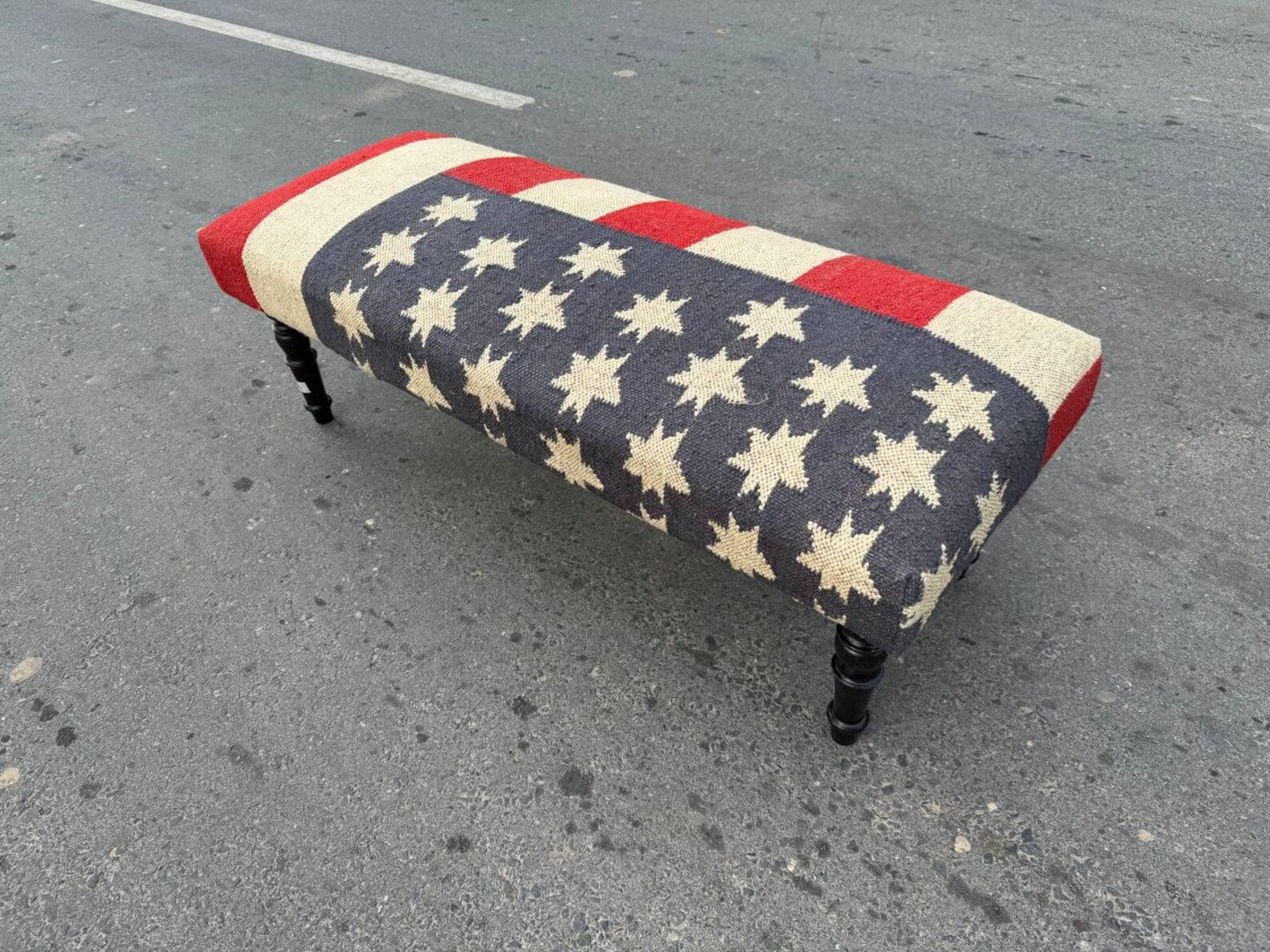 Kilim Wooden Wool Jute Ottoman Bench – Handmade Vintage Star Pattern Seating