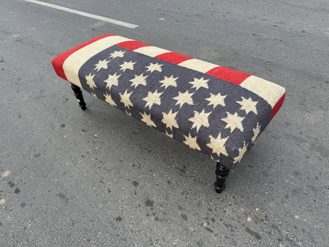 Kilim Wooden Wool Jute Ottoman Bench – Handmade Vintage Star Pattern Seating