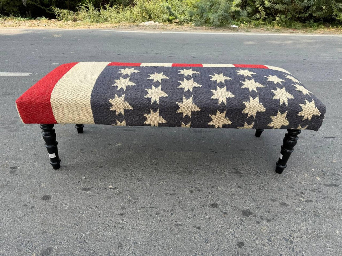 Kilim Wooden Wool Jute Ottoman Bench – Handmade Vintage Star Pattern Seating
