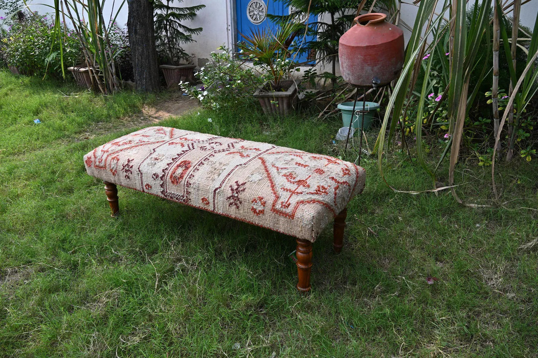 Handmade Kilim Bench – Wool Jute Upholstered Teak Wood Entryway & Piano Seating